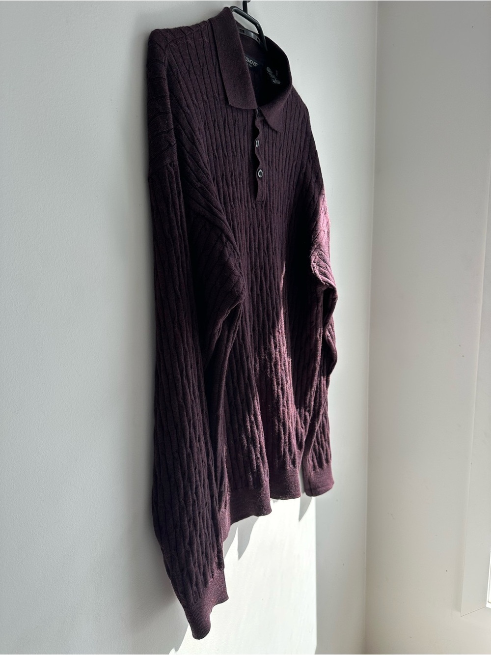 PAOLO MONDO Made in Italy Pure Merino Wool Cable Knit Long Sleeve Polo | Plum Bu